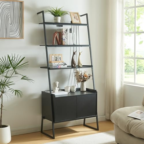 [en.casa] Leiterregal Storfjord Standregal mit Schrank 184 x 80 x 40 cm Bücherregal mit 4 Ablagen Pflanzenregal Wandlehnregal Metallgestell Schwarz