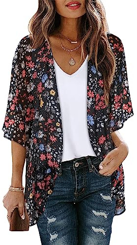 Womens Tops Floral Print Open Front Kimono Cardigan Casual Bikini Cover Up(Small Flower,L)
