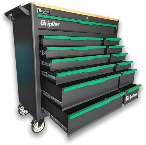 Griplier Professioneller Werkzeugwagen mit 13 Schubladen, Holz Werkbank,Bremsrad,Abschließbar Rollwerkzeugwagen,119B x 46.5T x 108.5H cm,Schwarz-Grün