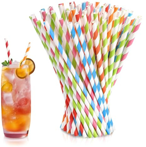 500-pack färgglada randiga papperssugrör, 197 x 6 mm papperssugrör, biologiskt nedbrytbara sugrör gjorda av robust kraft, engångssugrör för fester, bröllop, födelsedag