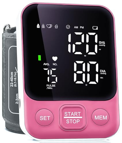 Blood Pressure Monitor Upper Arm Monitors for Home Use BP Machine with 2x120 Reading Memory Adjustable Arm Cuff 8.7-15.7 Large Display with LED Background Light Storage Bag Pink