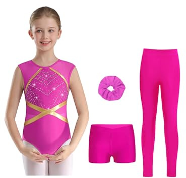 TiaoBug Maillots de Gymnastique 4Pcs Enfant Fille Justaucorps Strass Legging Short Chouchou Ensemble Gym Tenue Patinage Danse Costume Spectacle 5-16 Ans Rose vif 9-10 ans