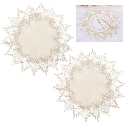 LOLANIUT Napperon Lin Rond 38 x 38 cm Beige avec Dentelle, Style Vintage Rustique, Lot de 2 Pièces, Petite Nappe Décorative pour Table Salon, Commode, Dessous de Vase et Décoration Mariage Bohème