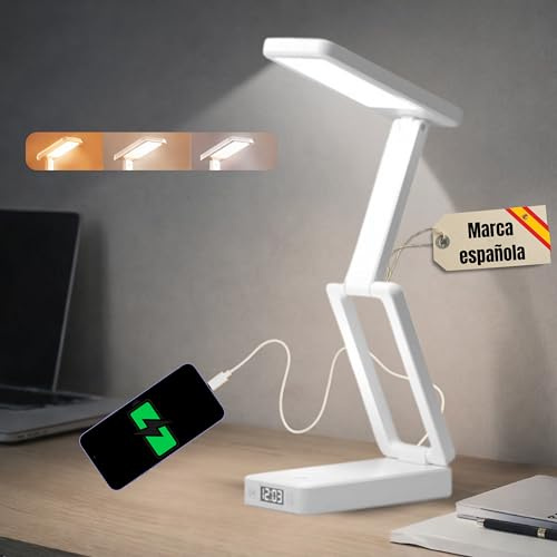 PMR SHOP Lámpara de Escritorio LED PREMIUM Lámpara Inalámbrica Ligera con Cuidado Ocular | Flexo con Puerto USB-C | 3 Modos de Luz y Niveles de Brillo | Reloj Digital Integrado