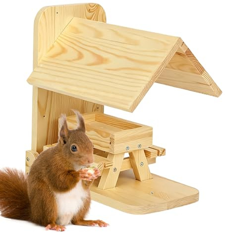 Casa per scoiattoli per esterni, grande capacità in legno, con tetto, facile da riempire, mangiatoia per pannocchie di mais, per esterni, finestre, cortile, portico, albero, recinzione, cortile