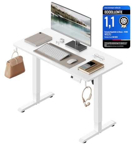 WOLTU Scrivania Elettrica Regolabile in Altezza 72-118 cm, con 3 Memorie e 2 Ganci – Bianco, Silenziosa, Capacità di Carico 80 kg – per Ufficio, Casa, Gaming e Studio, 100x48 cm