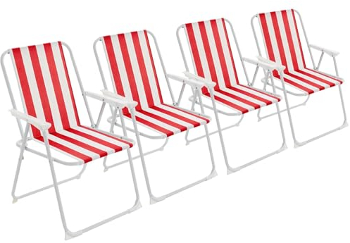 Harbour Housewares Klappbare Strand-Liegestühle - Rot gestreift - 4 Stück - Metall-Terrassensitz für den Außenbereich, leicht, tragbar, für Picknick, Garten, Camping, Angeln