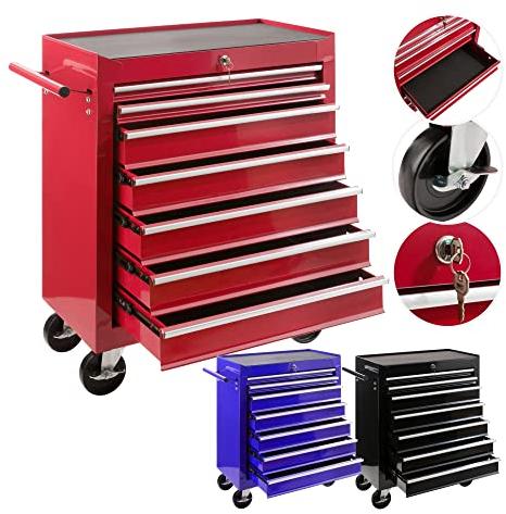 Arebos Tool Cabinet Workshop trolley 7 compartments | centrally lockable | incl. anti-slip mats | drawers with ball bearings | 2 castors with parking brake (red)