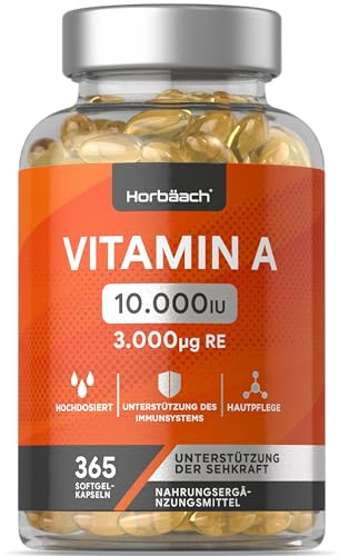 Vitamin A Hochdosiert 10000 IE | 1 Jahr Vorrat | Augenvitamine | Retinol für Haut, Zellen & Immunsystem | Horbaach
