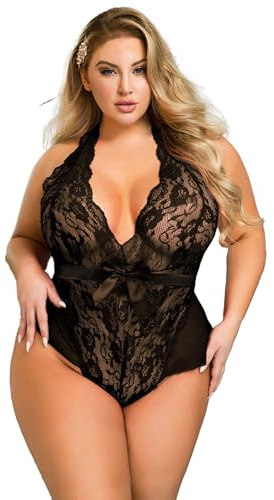 ohyeahlady Sexy Body Encaje Mujer Talla Grande Bodies Espalda Abierta Lencería Sexy y Atrevida de Lujo Ropa Interior de Dormir Bodysuit Sin Manga Negro,M-L
