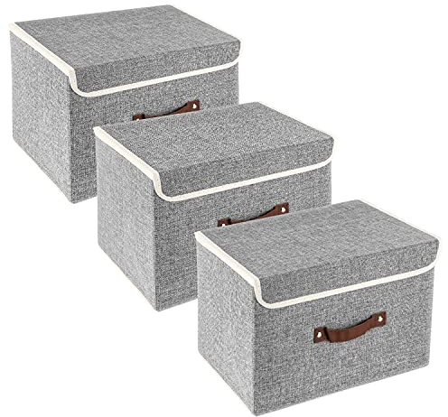 TYEERS Scatole Portaoggetti Tessuto, Lavabile, Scatole con Coperchio Pieghevole, 38x25x25 cm, Set di 3, Grigio