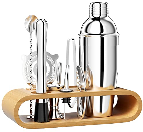 Newpop 750 ML shaker, 10 pezzi cocktail set Acciaio Inox con Supporto Legno,professionale barman set, con Colino, Jigger, Cucchiaio, Versatore, per Miscelare Bevande, Casa, Bar, Feste (Argento)