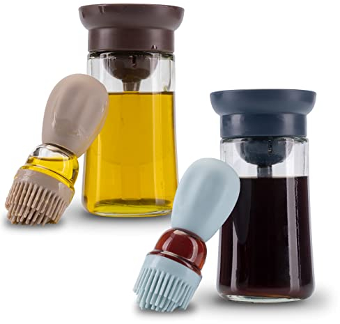 Fino Casa 2er Set, 2in1 Ölflasche mit Pinsel, Ölspender, Ölsprüher mit Silikonpinsel, Glasflasche zum befüllen mit 180ml Öl oder Essig mit Backpinsel (2er Set: 1x Blau & 1x Beige)