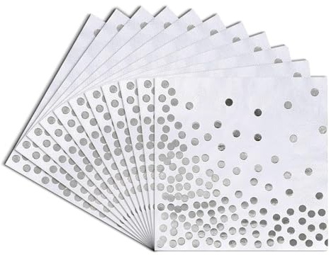 Servetter silver prickar, 33 x 33 cm guldfolie prickar, 2-lagers guldfolie pappersservetter pappersservetter för bröllop, högtider, 60 stycken (silver + vit)