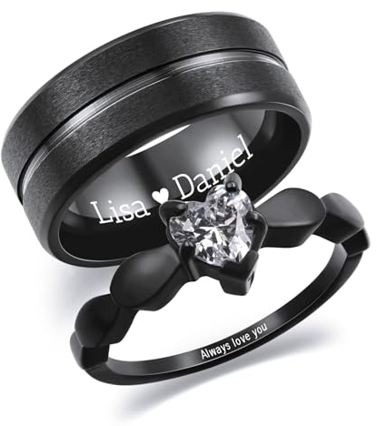 INBLUE Personalisierte Versprechen Ringe für Paare Gravierte Text Ringe mit Herz Edelstein Edelstahl Passende Paar Ringe für Sie und Ihn auf Verlobung Hochzeit - Set Stil 1