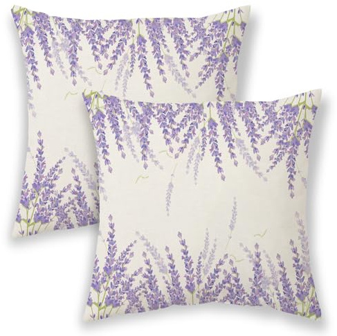 BETGINY Spring Pillow Covers 18x18 Inch 2 Pcs, Purple Lavender Decorative Throw Pillows,Vintage Plant Flower Floral Summer Seasonal Outdoor Decor Pillowcase Linen Cushion Cover for Couch Sofa