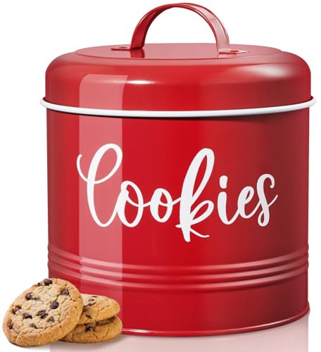 DAYYET Farmhouse Cookie Jar for Kitchen Counter, 1 Gallon Vintage Cookie Jar with Airtight Lid, Large Food Storage Container for Candy, Cookies, Dessert, Red Kitchen Decor and Accessories