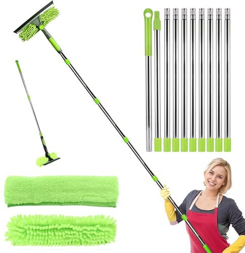 Window Cleaning Kit, 14ft Window Cleaner with Long Handle Window Squeegee, 2 in 1 Extendable Window Cleaning Equipment with Extension Poles, Silicone Squeegee and Mop for Home Car Window