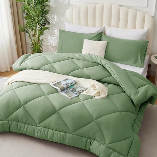 WAVVE Piumino imbottito per letto 80, piumino in fibra 300 g/m², leggero, morbido, traspirante (135 x 200 cm, verde salvia)