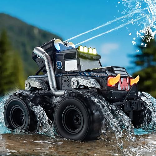 Calefwe 3-in-1 Amphibious Remote Control Car, RC Boat/Water Gun, 2.4GHz All Terrain Waterproof Monster Trucks for Boys Age 4-7 W/2 Batteries 70 min, Birthday Gift Pool Toys for Kids Ages 4-8