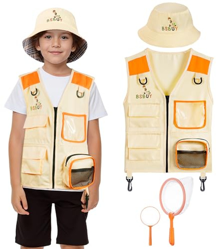 BSBUY Kit Explorador Niños, Disfraz Explorador Niños con Lupa, Sombrero de Cubo y Red para Atrapar Insectos, Chaleco Explorador Niña, Juego de Explorador Regalo para Niños de 3 a 8,Rojo Anaranjado