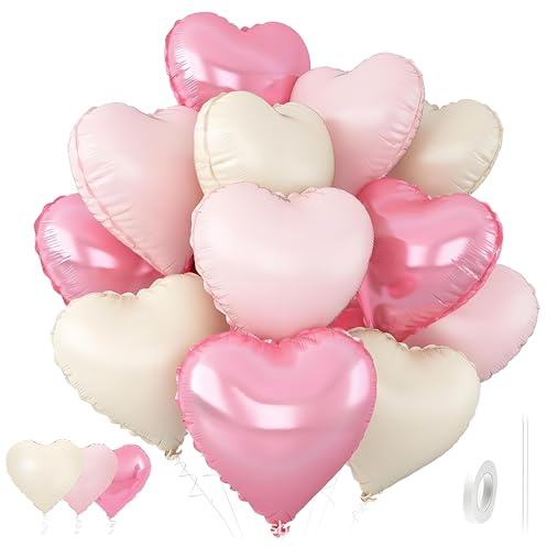 12 Pack Heart Foil Balloons, 18 Inch, Pink White Pastel