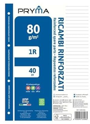 Pryma Ricambi Rinforzati FSC A4 – Confezione 5 Blocchi da 40 Fogli 80 g – Carta per Quaderni ad Anelli, Foratura Universale (Righe 1R)