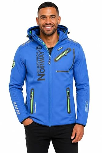 Geographical Norway Chaqueta Softshell Hombre Royaudb Dsitribrands Production Impermeable Cortaviento con Capucha para Exterior Rutas Senderismo Esquí Invierno Otoño Primavera (Azul Real Verde XL)