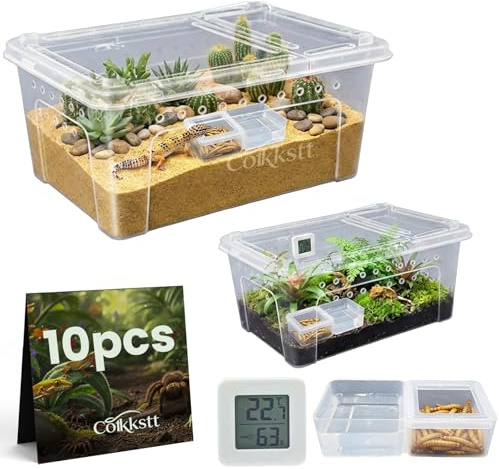 10 Pcs Reptile Breeding Box Kit & Snake Feeding Box, Portable Transparent Habitat for Spiders & Lizards, Small Reptile Enclosure with Plastic Feeder Dish, Thermometer Hygrometer & More