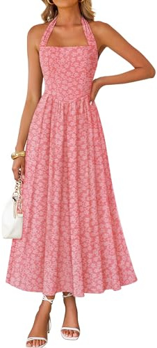 ZESICA Women's Summer Sleeveless Floral Maxi Dresses 2026 Halter Neck Flowy A Line Formal Cocktail Wedding Guest Long Dress Pink Large