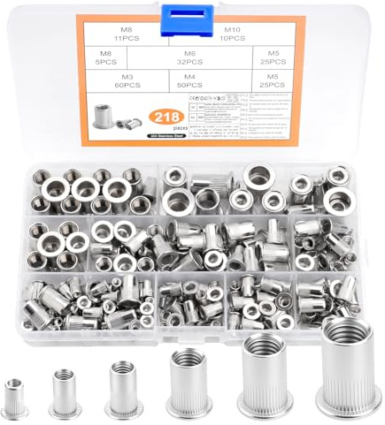 218 Pz Rivetti Filettati, Inserti Filettati Kit, Dadi a Rivetto, Inserto Filettato a testa piatta in acciaio inox, Boccole Filettate per Metallo lamiere e tubi metallici, M3 M4 M5 M6 M8 M10