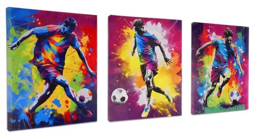YunBey Set di 3 Quadri da Parete Calcio, Manifesti Sportivi Acquerello, Stampe di Calciatori con Cornice in Legno, Decorazione Camera Ragazzo, Adolescente, Sala Giochi e Soggiorno (40×30CM)