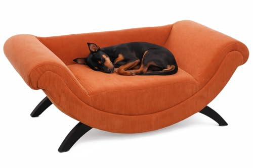 Panier Chien - Panier Chat - canape Chien - Dingo - Sofa - rectangulaire - Orange - 80x43x28 cm - Textile et Bois - pour Petits Chiens et Chats - Pieds en Bois