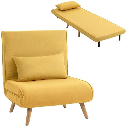 HOMCOM Sofá Cama Individual Plegable 3 en 1 Tapizado en Lino Amarillo | Sofá Cama, Respaldo Ajustable 5 Posiciones, 1 Almohada, para Dormitorio, Salón