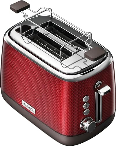 KENWOOD Toaster 2 Schlitz Mesmerine TCM811RD Brötchenaufsatz 2 Scheiben Auftauen + Aufwärmen Funktionen 6 Bräunungsstufen 980W Rot, Schwarz