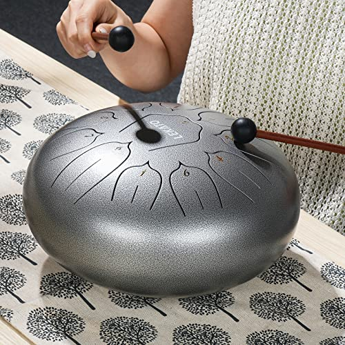 LEKATO Steel Tongue Drum, 10 Zoll 11 Tone D-Dur Zungentrommel Schlagzeug, Steel Pan Töne Schlaginstrument Hand Pan Drum für Meditation Yoga Klangheilung, Silber