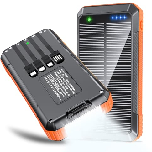 Banco de energía solar de 33800 mAh, 4 cables integrados, cargador portátil de carga rápida USB C de 22,5 W, 6 salidas y 4 entradas con luces LED de camping, paquete de batería para iPhone Samsung y
