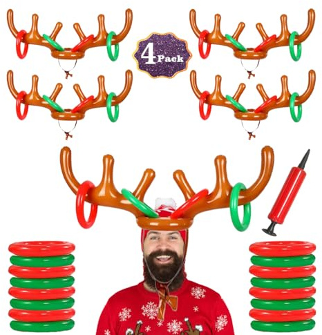 4 Pack Inflatable Reindeer Antler Ring Toss Game (4 Antlers 16 Rings) Reindeer Antler Hat Ring Toss for Xmas Party 2025 Great Christmas Games for Families