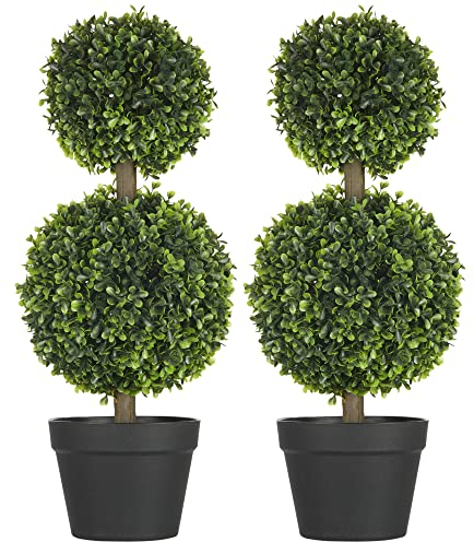 HOMCOM 2er-Set Künstlicher Buchsbaum groß 60 cm, UV-beständige Kunstpflanze, Plastik Künstliche Pflanzen im Topf, Kunstbaum, Fake Plant wie echt für Wohnzimmer Schlafzimmer Büro Garten Deko Geschenk