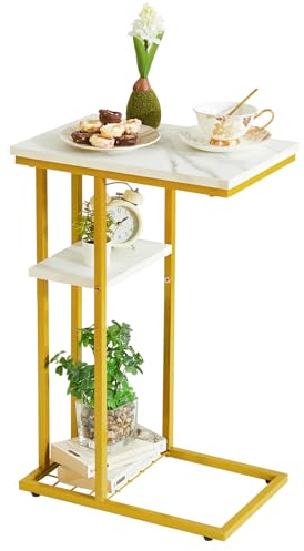 YMYNY C Shaped End Table, Snack Side Table for Sofa and Bed, Laptop Coffee Table, Living Room, Bedroom, Beside Desk with Stable Metal Frame, 40 × 26 × 61.5CM, Marble pattern white and gold HST004W