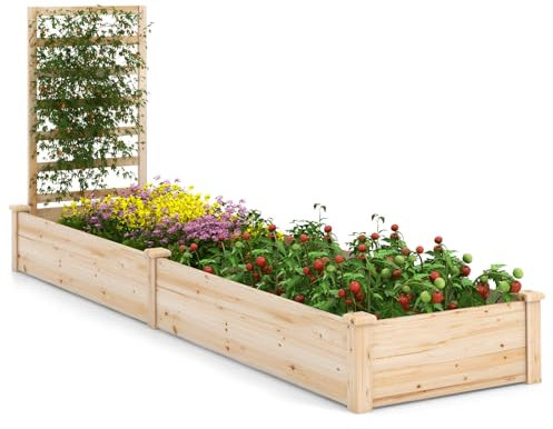 GYMAX Letto da Giardino Rialzato con Graticcio, Cassetta per Fiori in Legno con Spazio Diviso per Verdure, Fiori, Frutta, Piante Rampicanti, Letto da Giardino Rialzato da Esterno per Cortile e Patio