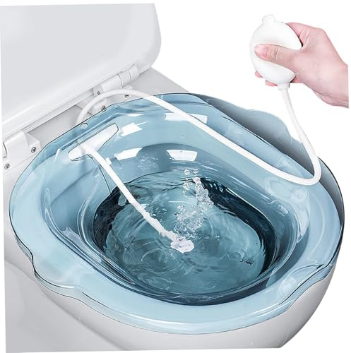 Peosaard Sitz Bath for Toilet, 2PCS/Set Sitz Bath Tub with Flusher, Anti Overflow Sitz Baths with Drain Holes, Non Slip Sitz Bath for Hemorrhoids, Postpartum, Elderly, Blue, Sitz Baths