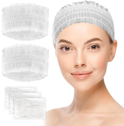 WENLISELL 200 PCS Disposable Elastic Hair Wraps, Non-woven Disposable Headbands for Facials, White Hair Wraps for Home Use Spa Salon