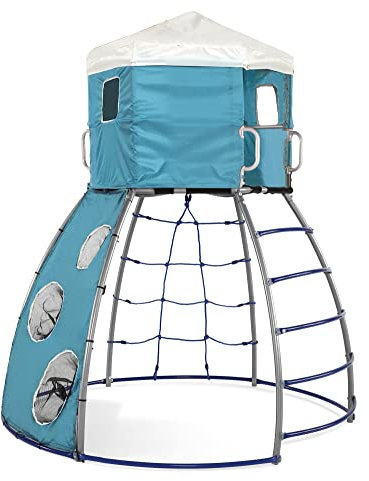 Plum Play Metal Climbing Dome Frame with Platform and Fabric Den - 2.5m Tall - Ladder - Cargo Climb Net - Target Wall with Nets - 3 Years Plus - L227 x W227 x H258cm