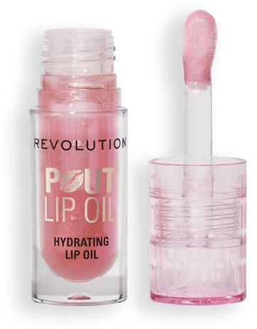Revolution, Pout Lip Oil, Nourishing Tinted Lip Oil, High Shine, Non-Sticky Finish, Vegan & Cruelty-Free, Glam Pink Shimmer, 4ml
