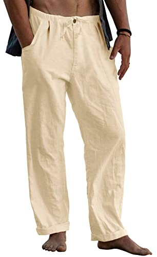 Runcati Pantalones de lino para hombre, holgados, ligeros, de verano, largos, monocolor, para el tiempo libre, playa, yoga, con cordón
