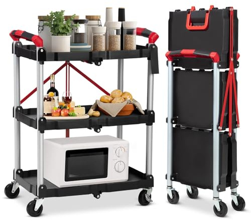 OPULENTHOME Carro de servicio plegable, carrito de cocina, con 2 ruedas bloqueables, 3 niveles, carrito de cocina, carrito de limpieza, 60 x 38 x 83 cm, negro
