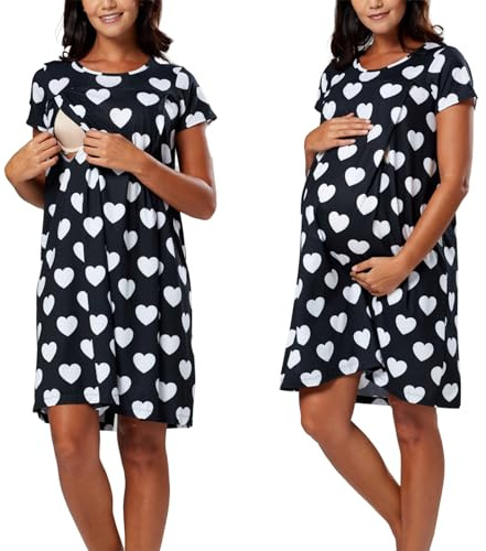 Chemise Nuit Allaitement Maternité Coton Robe de Nuit Femme Enceinte Col en V Manches Courtes Devant Ouvert Chemise de Nuit Femme Grossesse 3 en 1 Peignoir d'hôpital Accouchement Allaitement Maternel