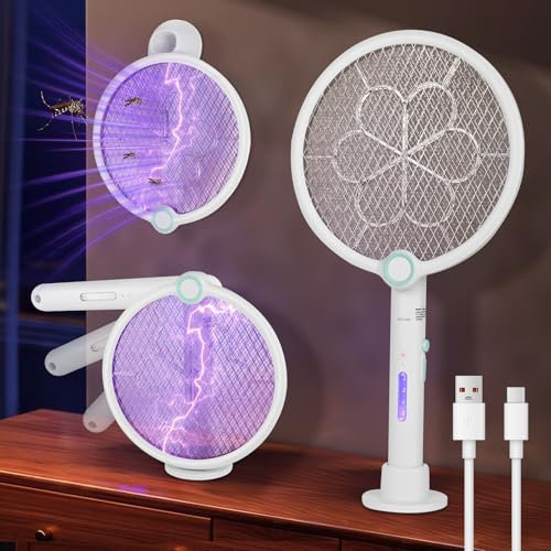 Raquette Electrique Insectes, Apritsce Raquette Moustique Electrique, 3 en 1 1200mAh USB Rechargeable Raquette Anti Moustique pour Maison Chambre à Coucher Cuisine