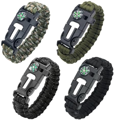 Générique Bracelets de Survie en paracorde,Lot de 4 Multifonctions Bracelet de Survie,Silex,Allume-Feu,Boussole,Sifflet,Mini Scie,Bracelets de Survie en Paracorde,pour Camping,Survie en Pleine Nature